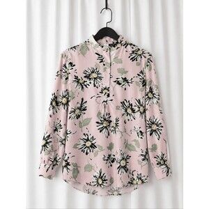 Anne Klein Pink Daisy Print Mock Neck Long Sleeve Career Wear Popover Blouse